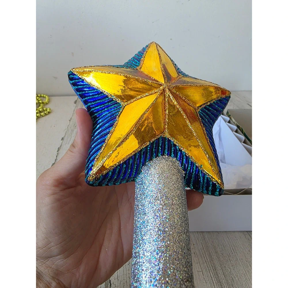 OWC old world star glitter tree topper gold blue Xmas glass tree